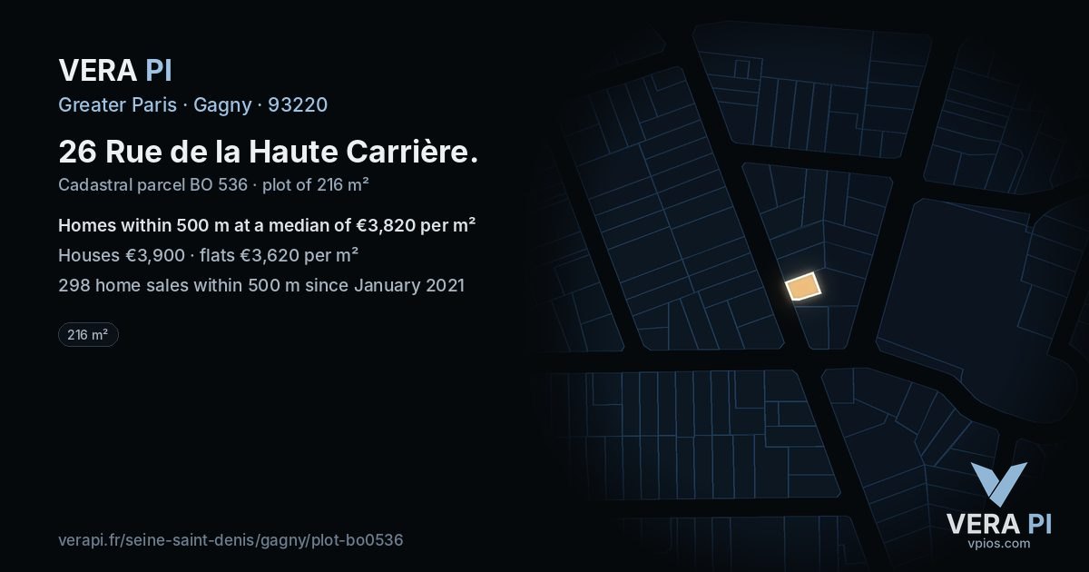 26 Rue de la Haute Carrière, Gagny at night – the plot lit, the parcels around coloured by the prices near them