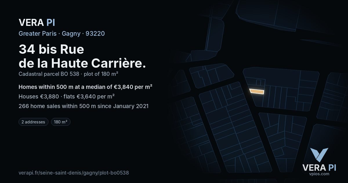 34 bis Rue de la Haute Carrière, Gagny at night – the plot lit, the parcels around coloured by the prices near them