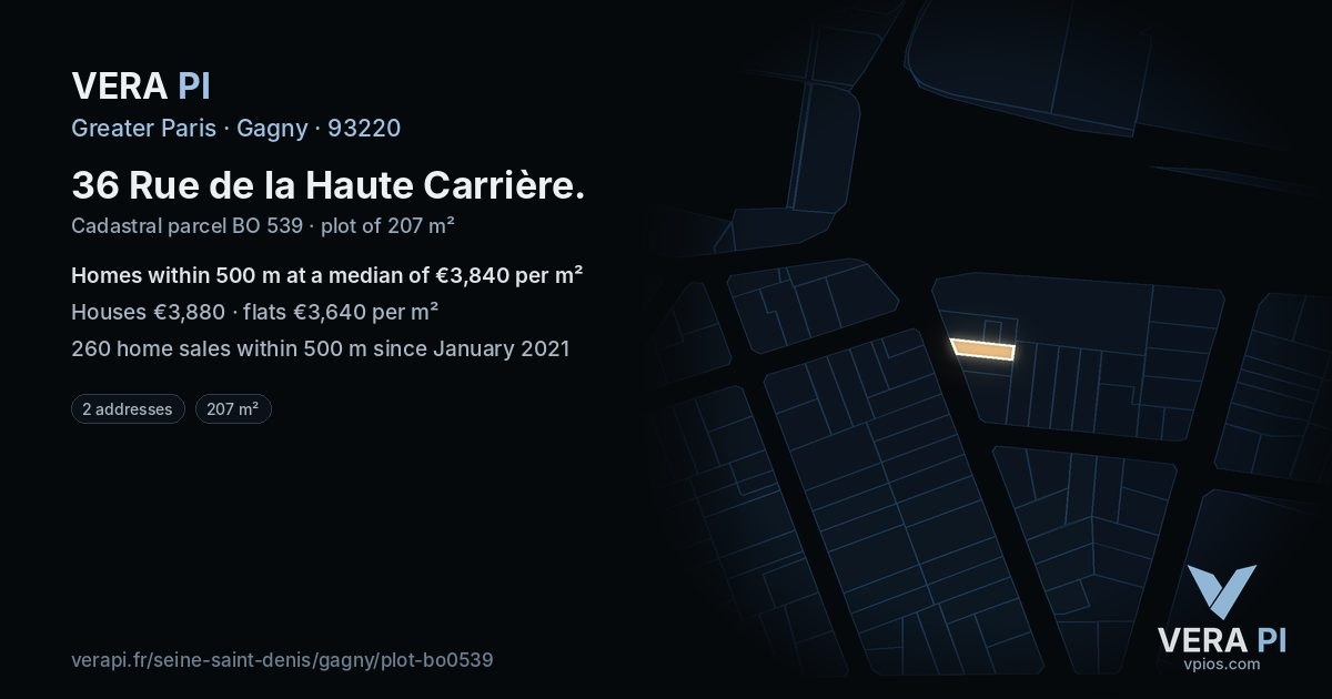 36 Rue de la Haute Carrière, Gagny at night – the plot lit, the parcels around coloured by the prices near them