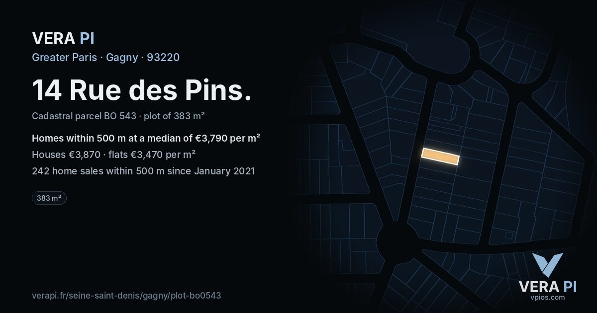 14 Rue des Pins, Gagny at night – the plot lit, the parcels around coloured by the prices near them