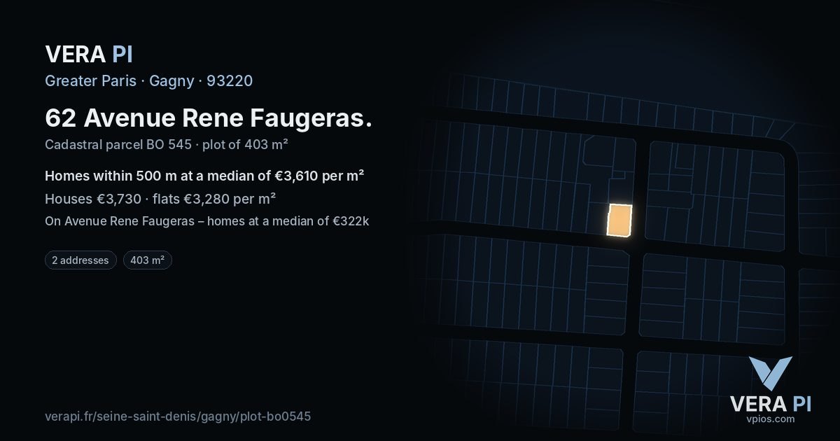 62 Avenue Rene Faugeras, Gagny at night – the plot lit, the parcels around coloured by the prices near them
