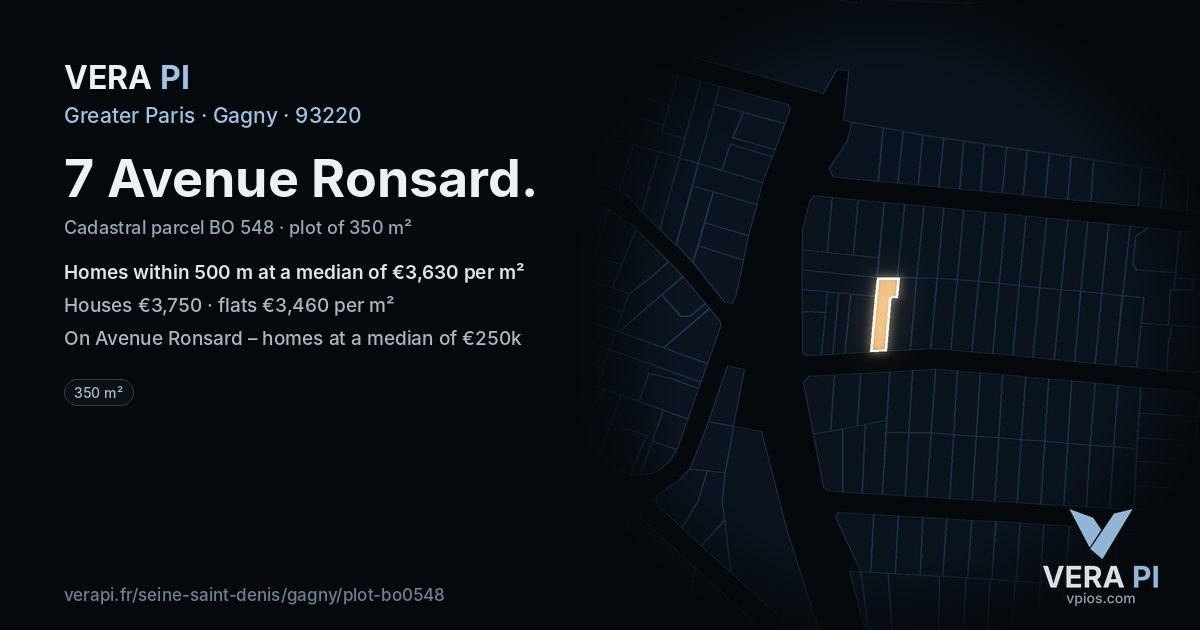 7 Avenue Ronsard, Gagny at night – the plot lit, the parcels around coloured by the prices near them