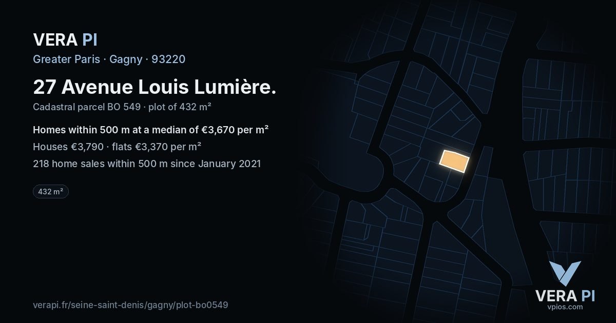 27 Avenue Louis Lumière, Gagny at night – the plot lit, the parcels around coloured by the prices near them