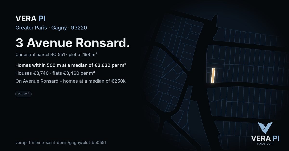3 Avenue Ronsard, Gagny at night – the plot lit, the parcels around coloured by the prices near them