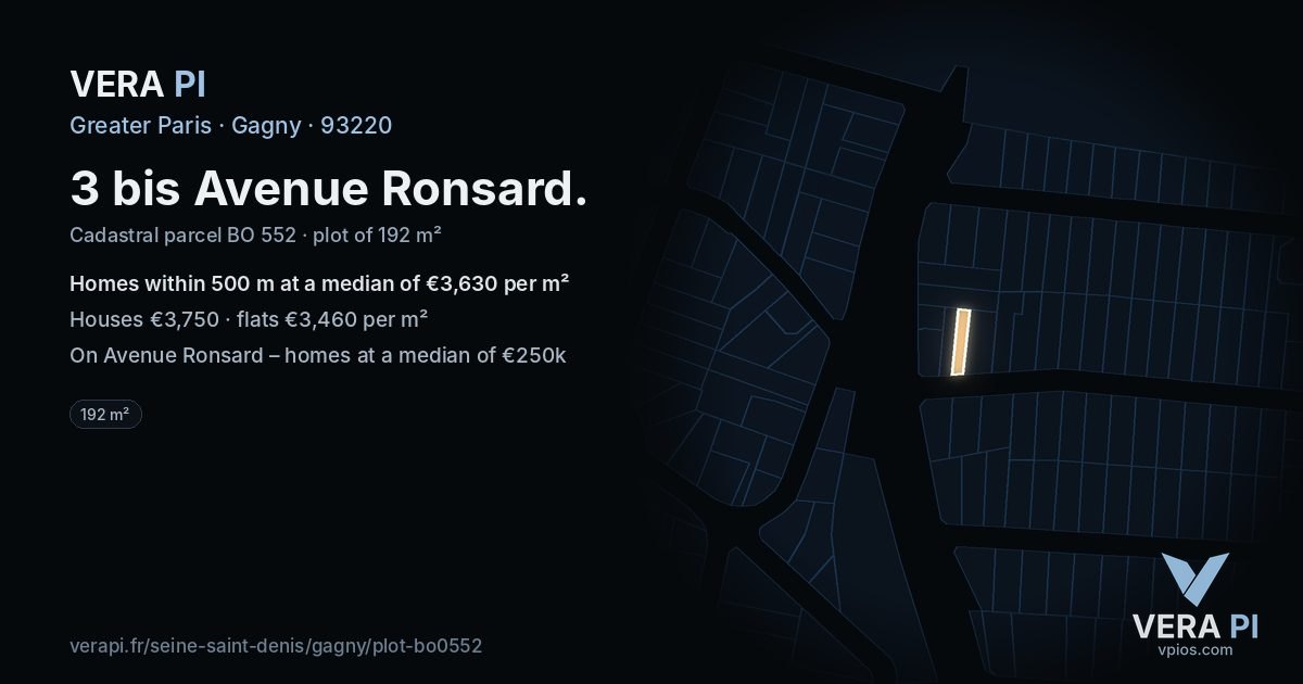 3 bis Avenue Ronsard, Gagny at night – the plot lit, the parcels around coloured by the prices near them