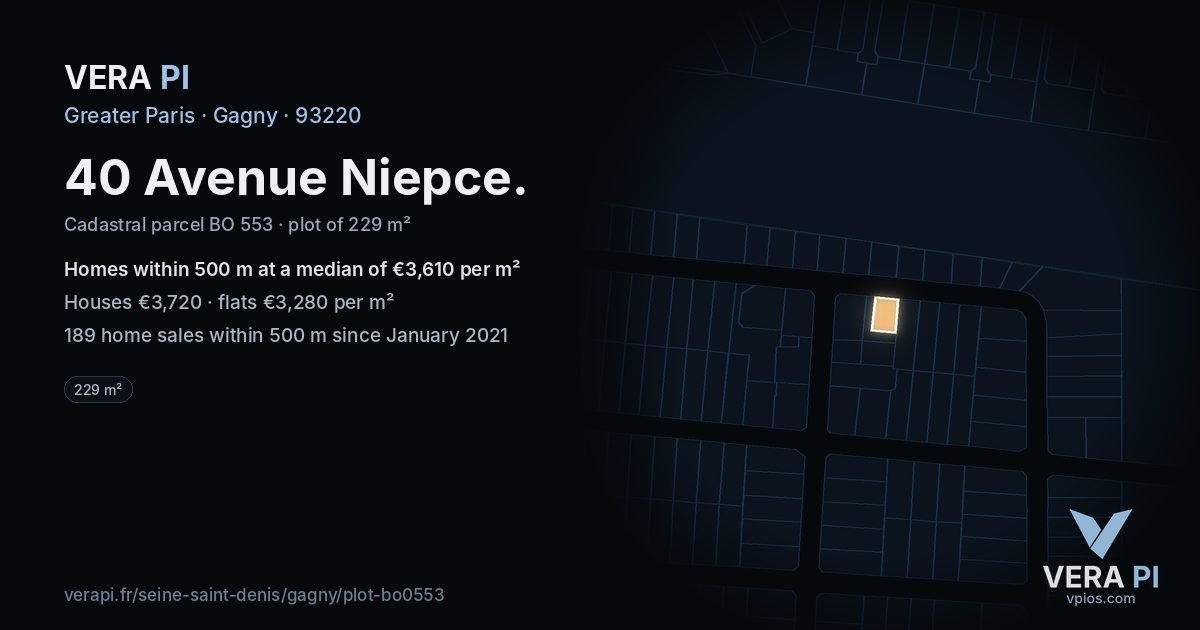 40 Avenue Niepce, Gagny at night – the plot lit, the parcels around coloured by the prices near them