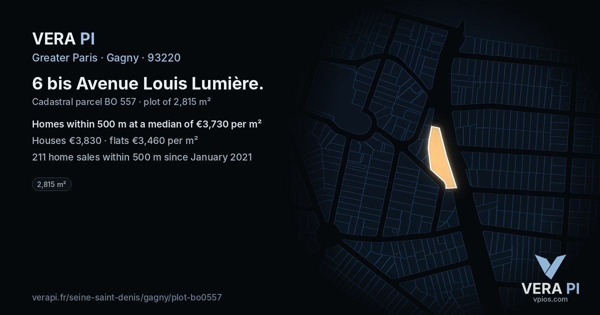 6 bis Avenue Louis Lumière, Gagny at night – the plot lit, the parcels around coloured by the prices near them