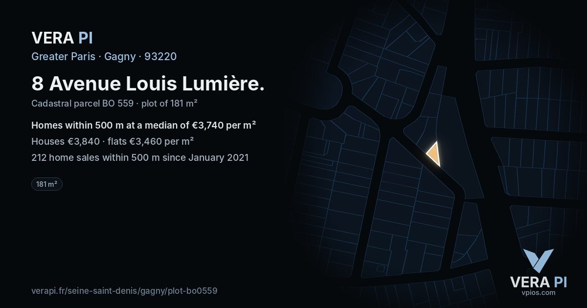8 Avenue Louis Lumière, Gagny at night – the plot lit, the parcels around coloured by the prices near them