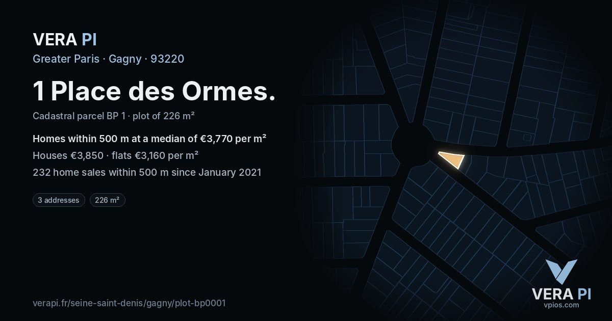 1 Place des Ormes, Gagny at night – the plot lit, the parcels around coloured by the prices near them