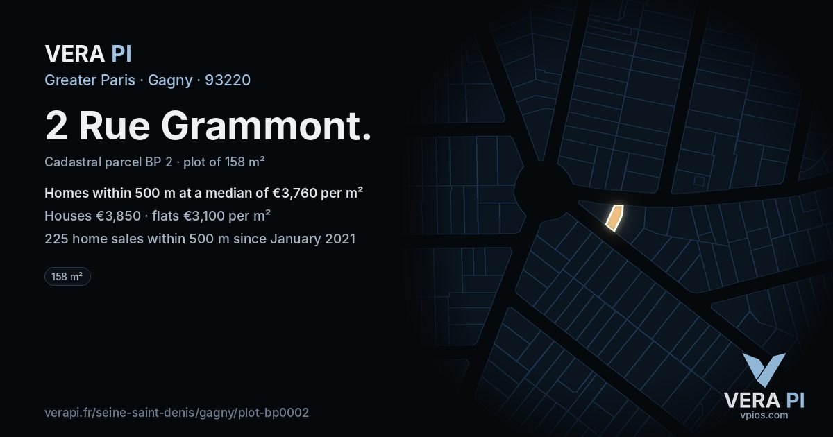 2 Rue Grammont, Gagny at night – the plot lit, the parcels around coloured by the prices near them