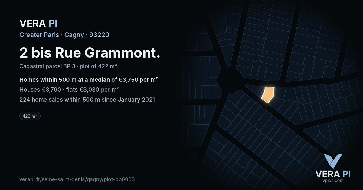 2 bis Rue Grammont, Gagny at night – the plot lit, the parcels around coloured by the prices near them