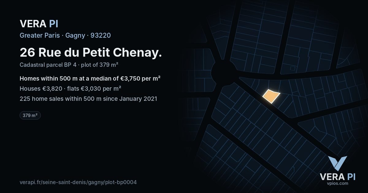 26 Rue du Petit Chenay, Gagny at night – the plot lit, the parcels around coloured by the prices near them