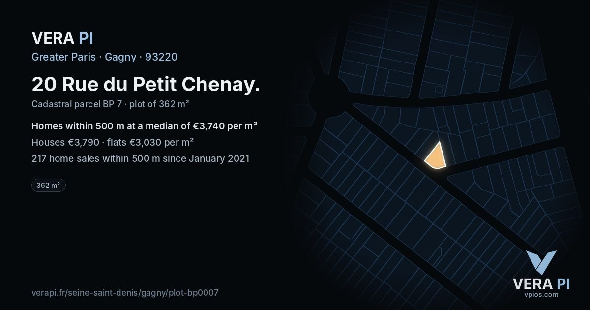 20 Rue du Petit Chenay, Gagny at night – the plot lit, the parcels around coloured by the prices near them