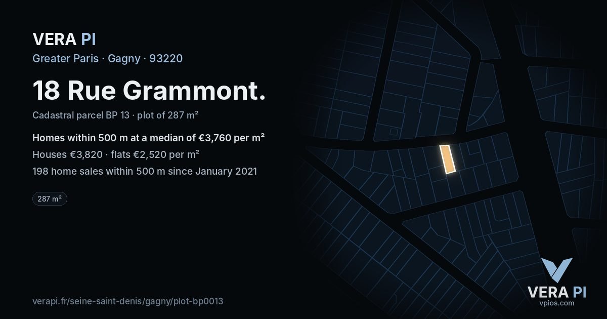 18 Rue Grammont, Gagny at night – the plot lit, the parcels around coloured by the prices near them
