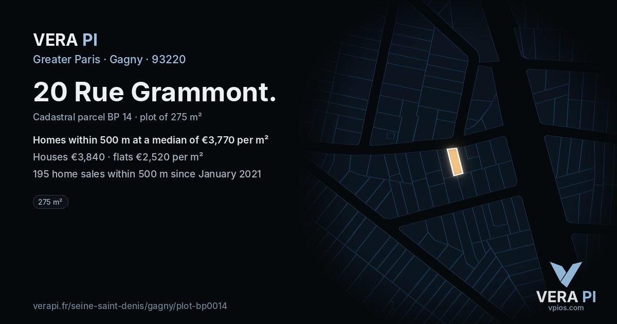 20 Rue Grammont, Gagny at night – the plot lit, the parcels around coloured by the prices near them