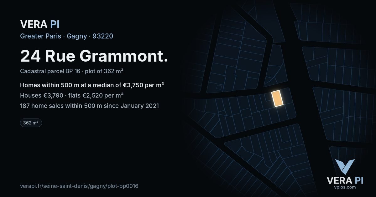 24 Rue Grammont, Gagny at night – the plot lit, the parcels around coloured by the prices near them