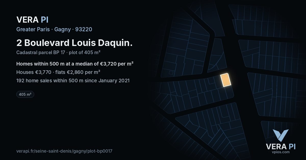 2 Boulevard Louis Daquin, Gagny at night – the plot lit, the parcels around coloured by the prices near them