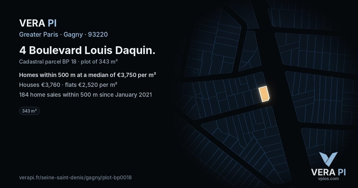 4 Boulevard Louis Daquin, Gagny at night – the plot lit, the parcels around coloured by the prices near them