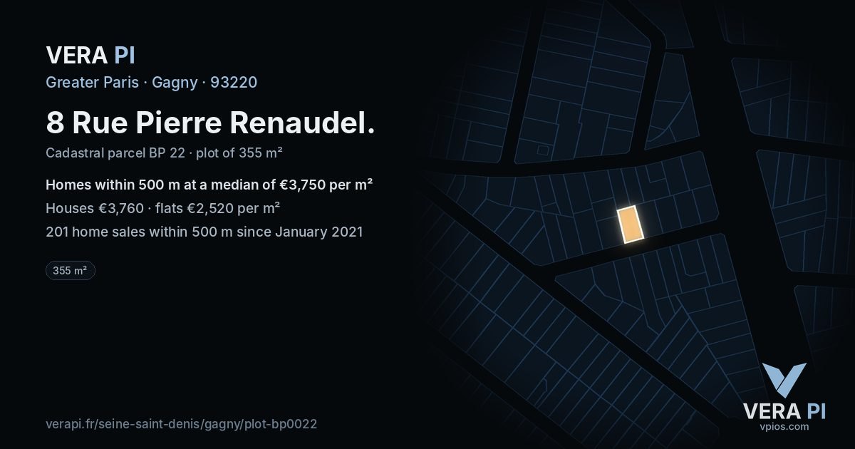 8 Rue Pierre Renaudel, Gagny at night – the plot lit, the parcels around coloured by the prices near them