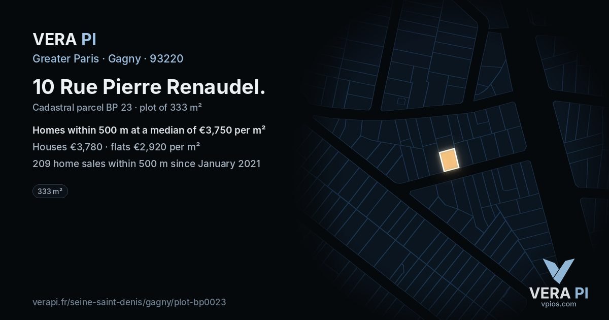 10 Rue Pierre Renaudel, Gagny at night – the plot lit, the parcels around coloured by the prices near them