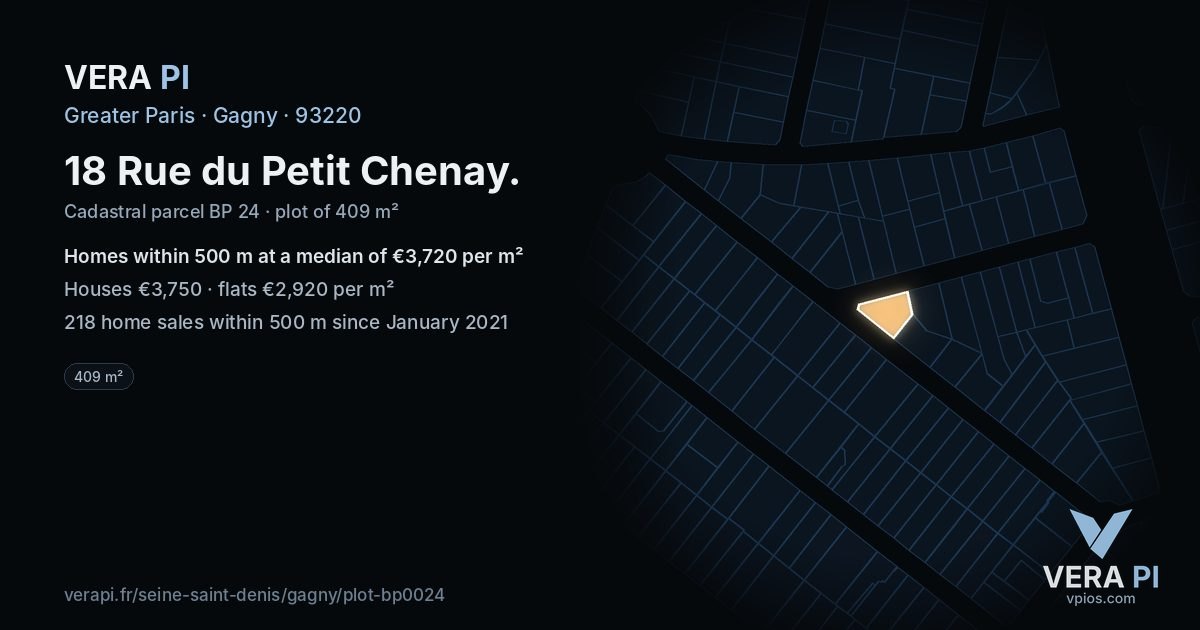 18 Rue du Petit Chenay, Gagny at night – the plot lit, the parcels around coloured by the prices near them