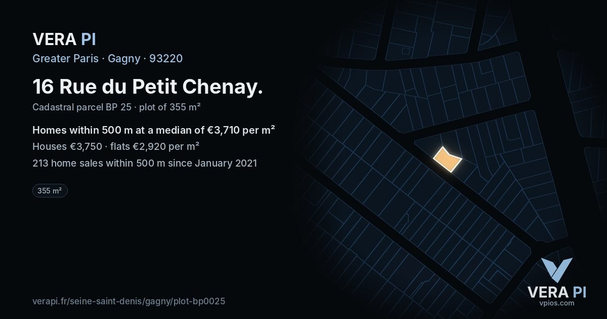 16 Rue du Petit Chenay, Gagny at night – the plot lit, the parcels around coloured by the prices near them