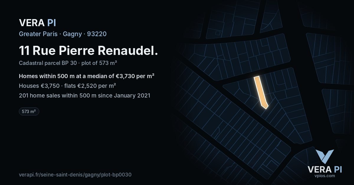 11 Rue Pierre Renaudel, Gagny at night – the plot lit, the parcels around coloured by the prices near them