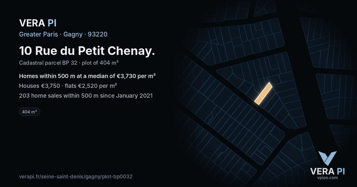 10 Rue du Petit Chenay, Gagny at night – the plot lit, the parcels around coloured by the prices near them
