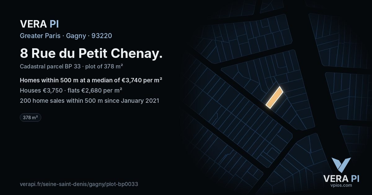 8 Rue du Petit Chenay, Gagny at night – the plot lit, the parcels around coloured by the prices near them