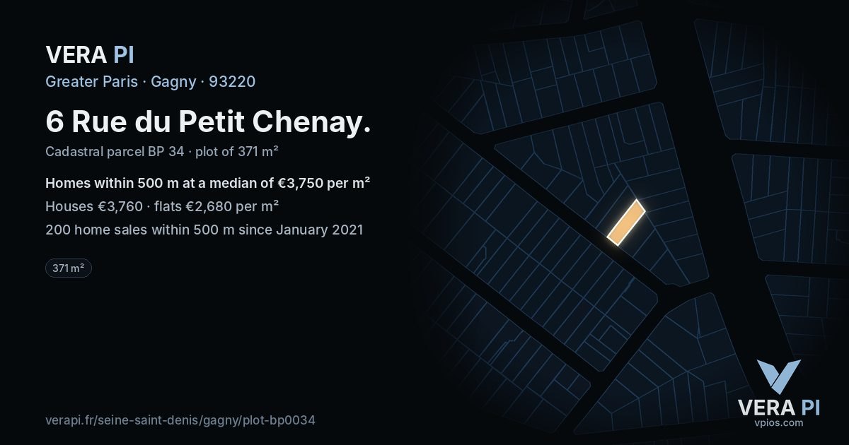 6 Rue du Petit Chenay, Gagny at night – the plot lit, the parcels around coloured by the prices near them