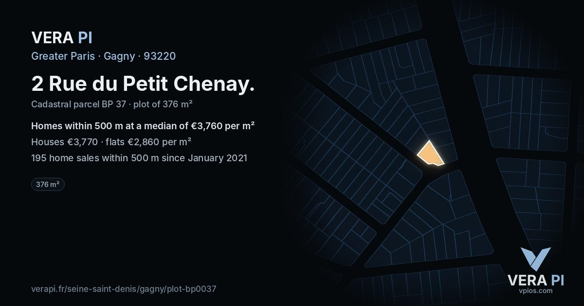 2 Rue du Petit Chenay, Gagny at night – the plot lit, the parcels around coloured by the prices near them