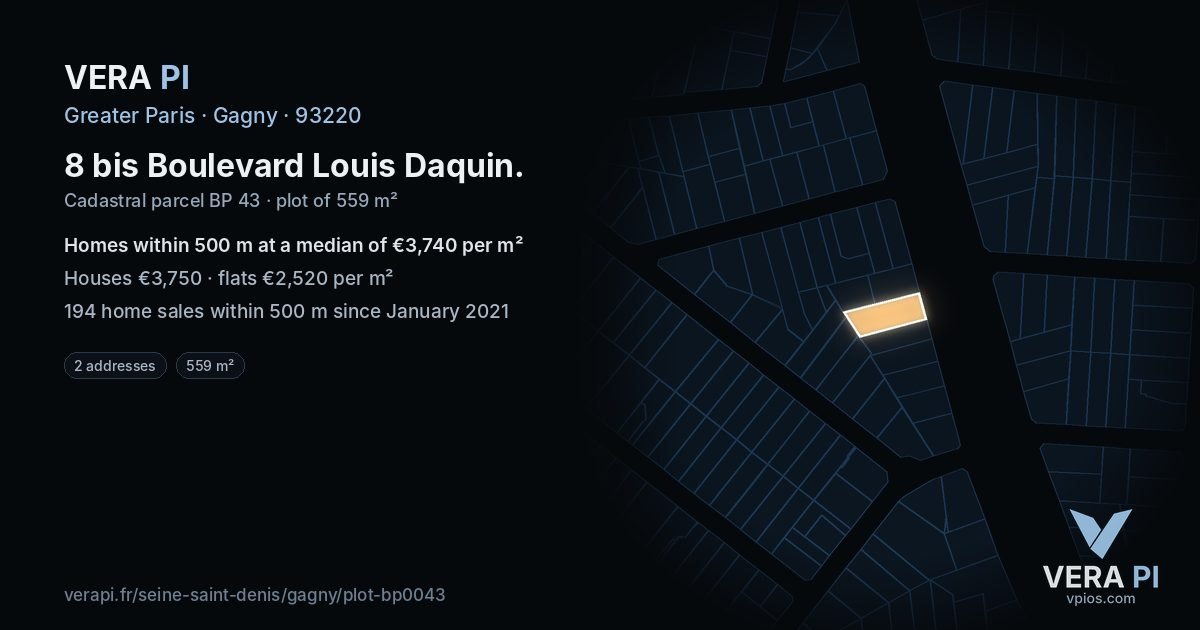 8 bis Boulevard Louis Daquin, Gagny at night – the plot lit, the parcels around coloured by the prices near them