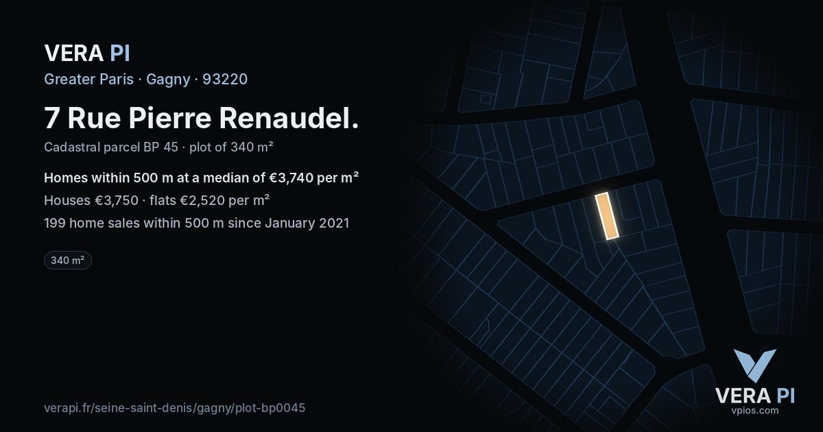7 Rue Pierre Renaudel, Gagny at night – the plot lit, the parcels around coloured by the prices near them