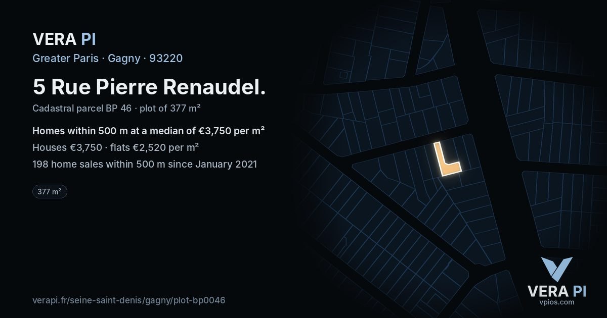 5 Rue Pierre Renaudel, Gagny at night – the plot lit, the parcels around coloured by the prices near them