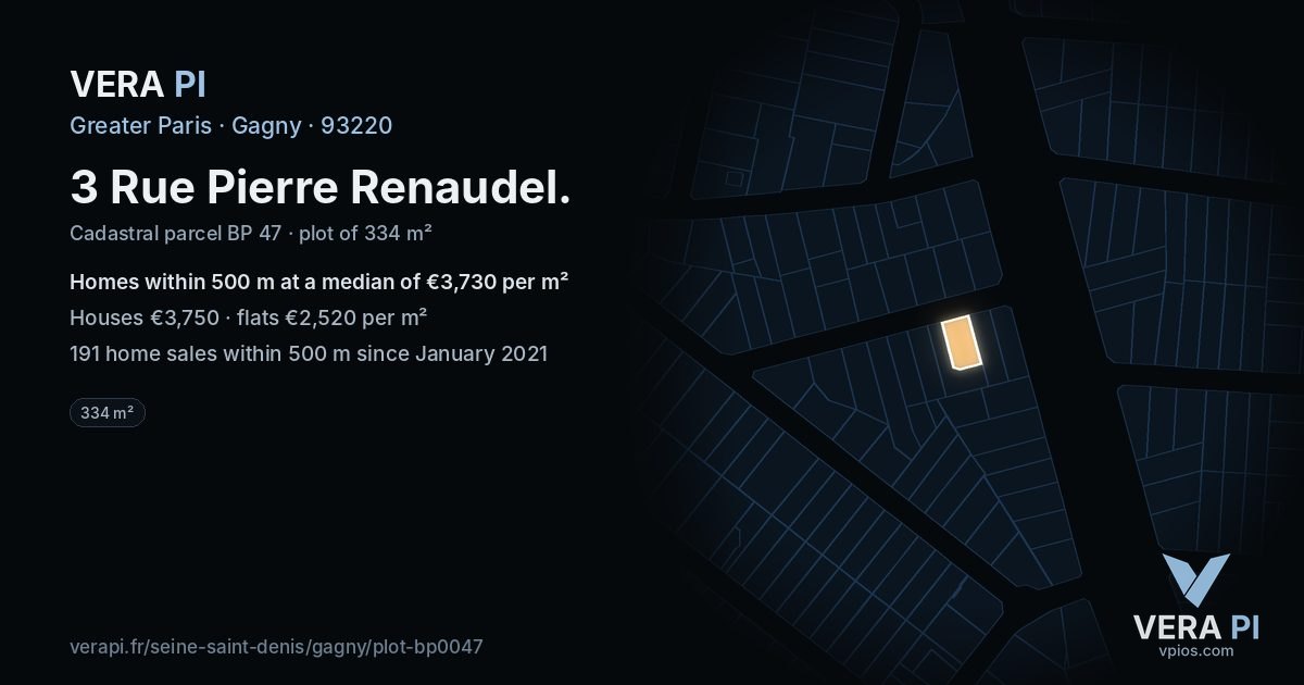 3 Rue Pierre Renaudel, Gagny at night – the plot lit, the parcels around coloured by the prices near them