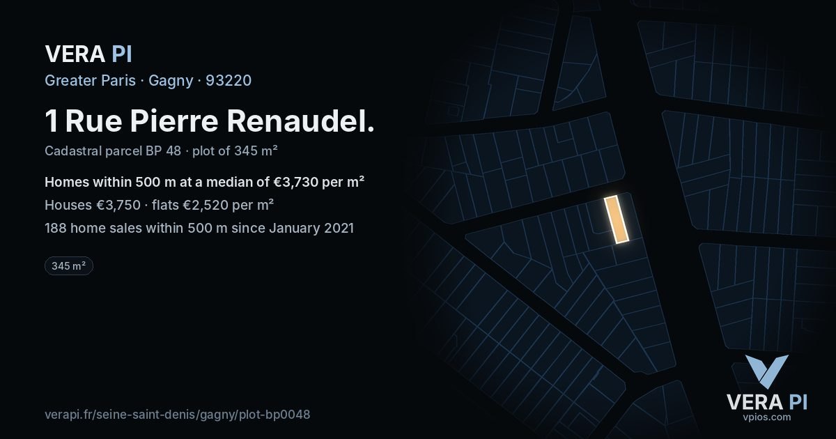 1 Rue Pierre Renaudel, Gagny at night – the plot lit, the parcels around coloured by the prices near them