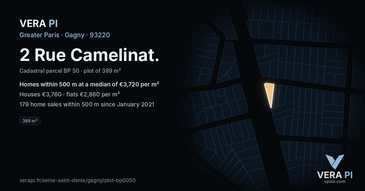 2 Rue Camelinat, Gagny at night – the plot lit, the parcels around coloured by the prices near them