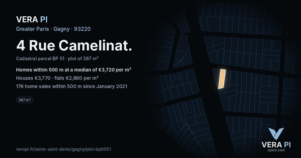 4 Rue Camelinat, Gagny at night – the plot lit, the parcels around coloured by the prices near them