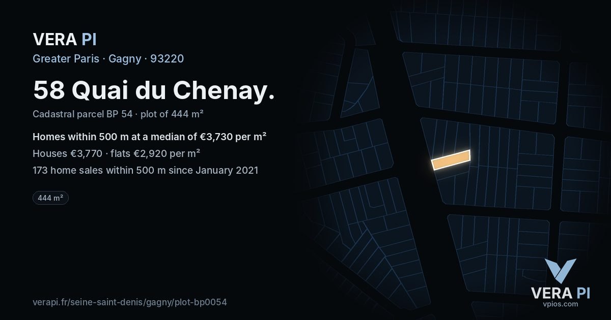 58 Quai du Chenay, Gagny at night – the plot lit, the parcels around coloured by the prices near them