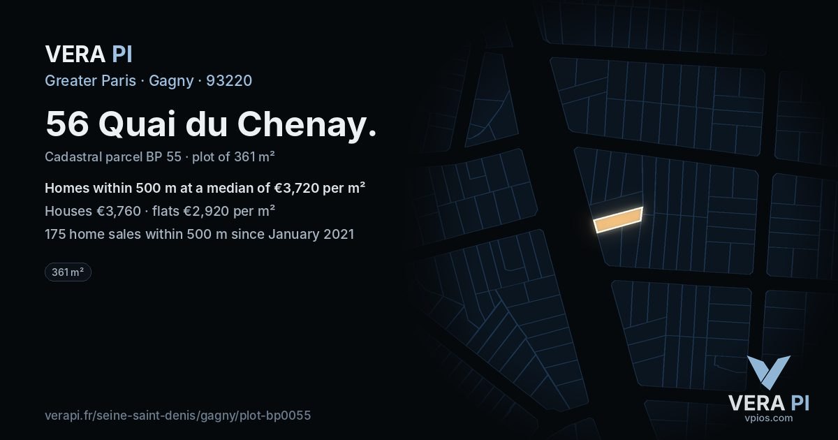 56 Quai du Chenay, Gagny at night – the plot lit, the parcels around coloured by the prices near them