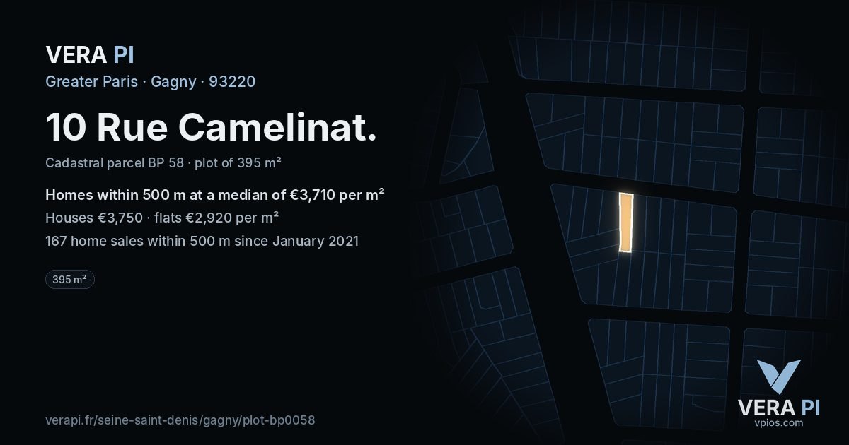 10 Rue Camelinat, Gagny at night – the plot lit, the parcels around coloured by the prices near them