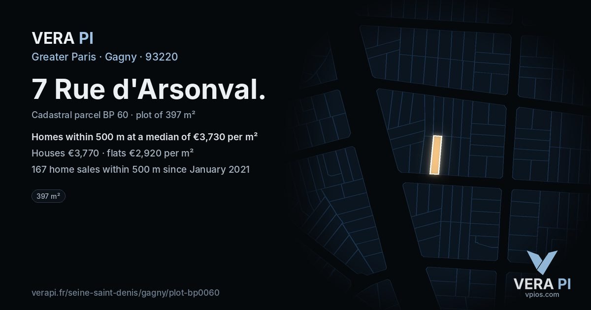 7 Rue d'Arsonval, Gagny at night – the plot lit, the parcels around coloured by the prices near them