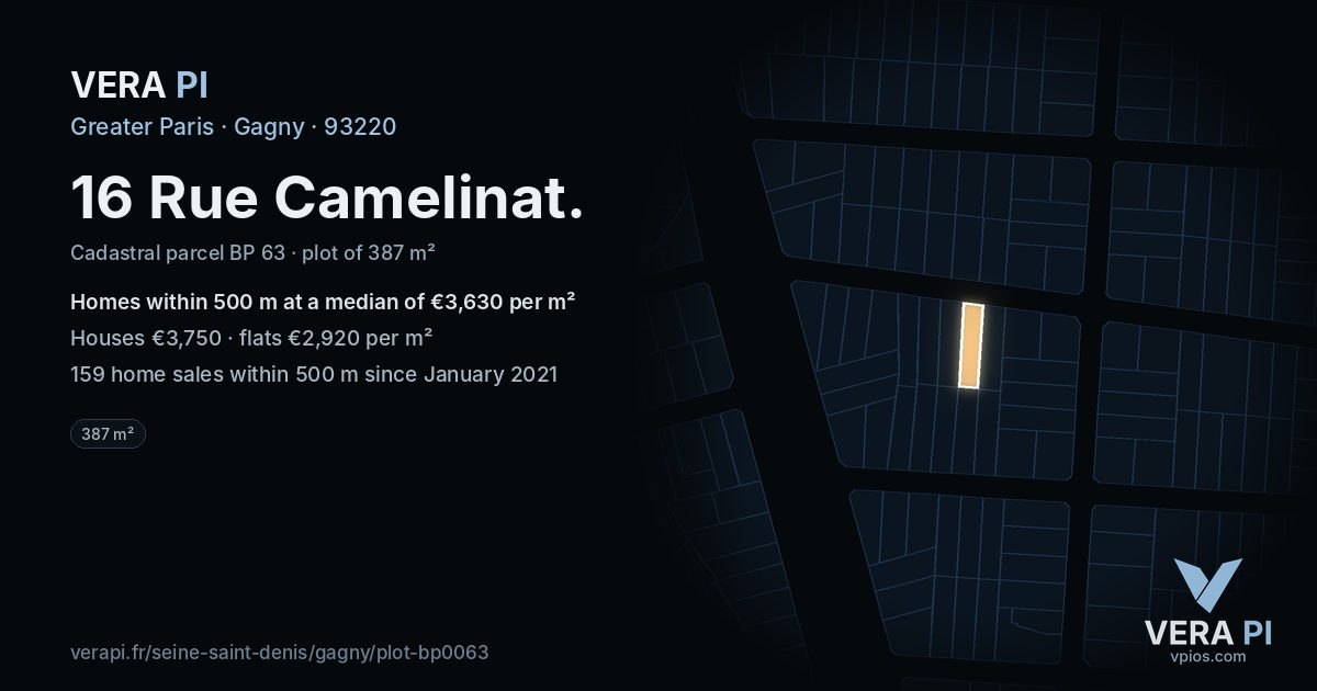 16 Rue Camelinat, Gagny at night – the plot lit, the parcels around coloured by the prices near them