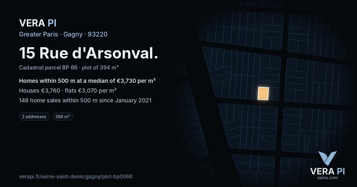 15 Rue d'Arsonval, Gagny at night – the plot lit, the parcels around coloured by the prices near them