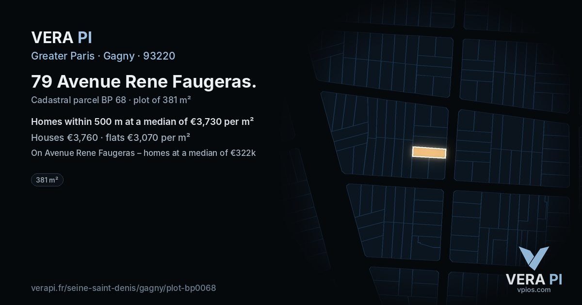 79 Avenue Rene Faugeras, Gagny at night – the plot lit, the parcels around coloured by the prices near them