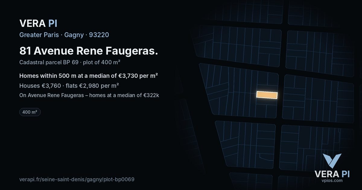 81 Avenue Rene Faugeras, Gagny at night – the plot lit, the parcels around coloured by the prices near them