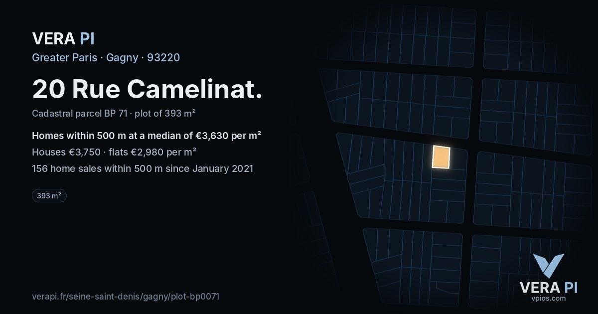 20 Rue Camelinat, Gagny at night – the plot lit, the parcels around coloured by the prices near them