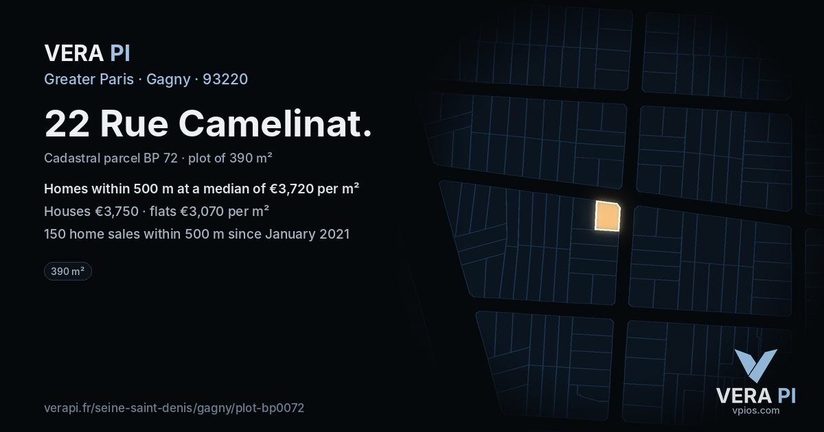 22 Rue Camelinat, Gagny at night – the plot lit, the parcels around coloured by the prices near them