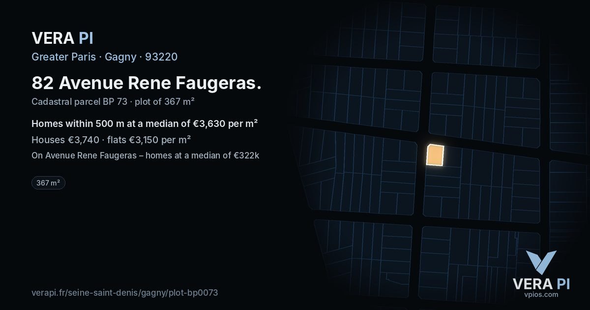 82 Avenue Rene Faugeras, Gagny at night – the plot lit, the parcels around coloured by the prices near them
