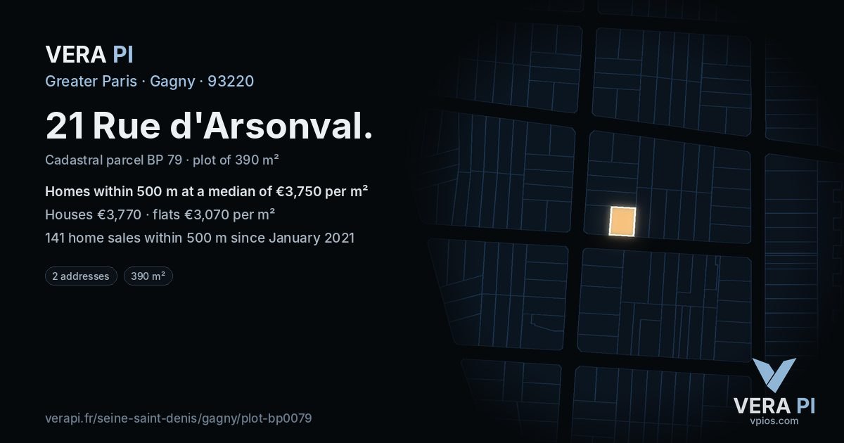 21 Rue d'Arsonval, Gagny at night – the plot lit, the parcels around coloured by the prices near them